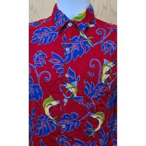Vintage Hawaiian Fish Print Button-Up Shirt Short Sleeve Red